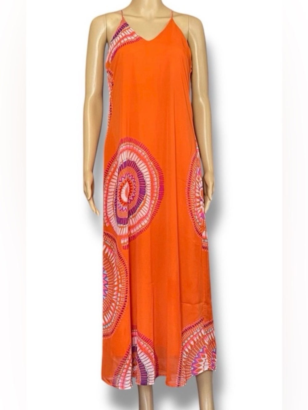 Old Navy Long Maxi Batik Print Orange Sleeveless Spaghetti Strap Dress